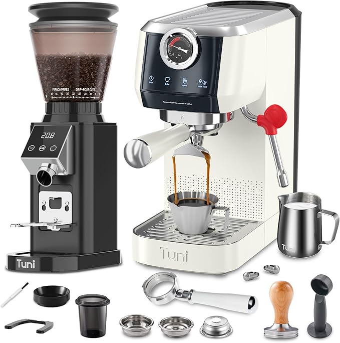 Tuni E2 𝑬𝒔𝒑𝒓𝒆𝒔𝒔𝒐 𝑴𝒂𝒄𝒉𝒊𝒏𝒆 with G1 Noir 𝑪𝒐𝒏𝒊𝒄𝒂𝒍 𝑪𝒐𝒇𝒇𝒆𝒆 𝑮𝒓𝒊𝒏𝒅𝒆𝒓 and 𝑩𝒐𝒕𝒕𝒐𝒎𝒍𝒆𝒔𝒔 𝑷𝒐𝒓𝒕𝒂𝒇𝒊𝒍𝒕𝒆𝒓 Set | 48 Grind Settings | Professional Home Barista Kit