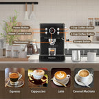 Black Espresso Machine with Milk Frother, Cappuccino Machines for Home, Coffee Espresso Machine Suitable for Coffee Powder/NS Original Capsules, Espresso Maker with Thermometer