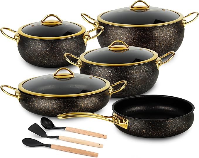 Fully Clad 5-Ply Stainless Steel Cookware Set, 12Pcs Nonstick Pots and Pans Set with Stay-Cool Handles, Induction Compatible, Stackble Design, Includes with Frying Pan, Saucepans and Saute Pan (Black)