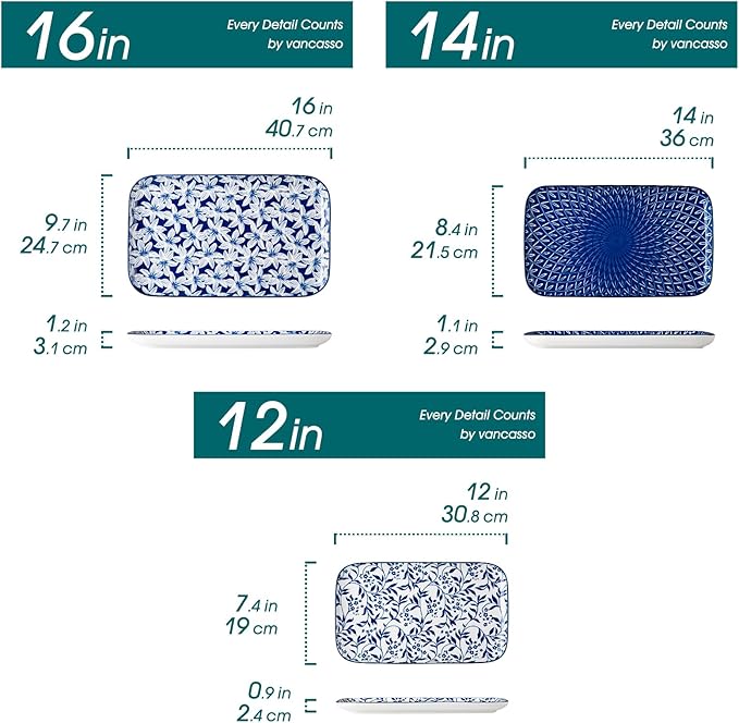 vancasso Serving Platters Set of 3, 16"/14"/12" Inch Rectangular Trays - Serving Platter Extra Large, Ceramic Serving Dish Microwave & Dishwasher Safe (Vintage Blue A)