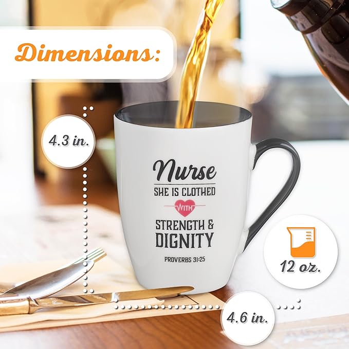 Christian Art Gifts Inspirational Ceramic Coffee & Tea Scripture Mug for Women Nurses: Strength & Dignity Encouraging Proverb, Microwave/Dishwasher Safe Novelty Cup, Cute Heart, White & Black, 12 oz.