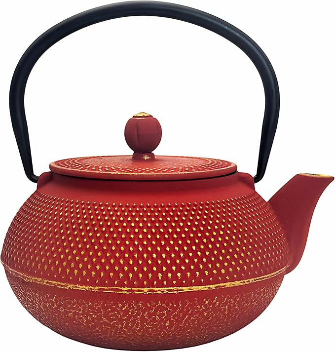 30.4oz Small Cast Iron Teapot, Tea Kettle for Stovetop Safe Coated with Enameled Interior, Red Japanese Tetsubin, Tea Pot with Stainless Steel Infuser for Loose Tea(900ml)