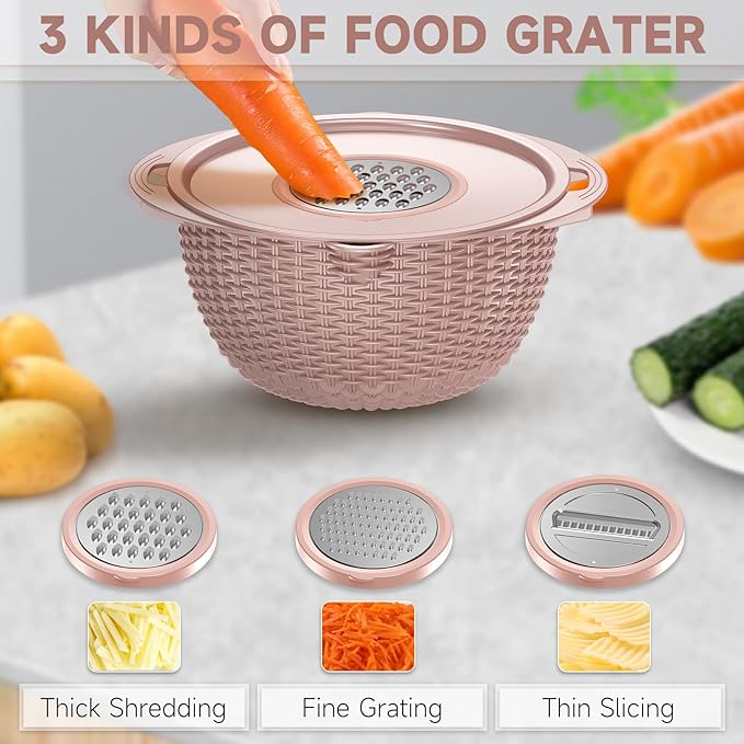 4-1 Colander with Bowl Set - Food Strainer with Graters & Spoons - Colanders for kitchen - Strainers and Colanders - Strainer Bowl Fruit Cleaner with Colander Pasta Rice Strainer for Veggie Wash Pink