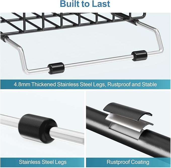 iSPECLE Expandable Small Sink Dish Drying Rack - Adjustable Capacity (13''-16.9''L) and Legs Over The Sink Dish Drainer Drying Rack for Kitchen Sink and Counter, Dish Rack with Utensil Holder, Black