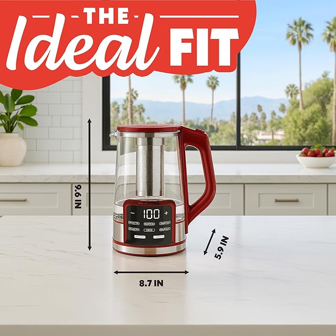 Gourmia Electric Programmable Glass Kettle – 1.7L Temperature Control Tea & Coffee Kettle with Digital Touch Display, 6 Presets, Keep Warm, Removable Stainless Steel Infuser, 360° Swivel Base – Red