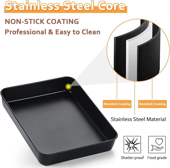 E-far Baking Pan with Lid, 9.75 x 12.5 x 2 Inch Nonstick Rectangle Cake Pans with Covers, 2 Sheet Pans Bakeware and 2 Lids for Brownies Cakes, Non-toxic & Stainless Steel Core, 2 Inch Deep