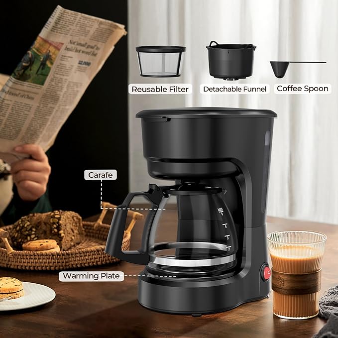 5-Cup Programmable Coffee Maker, Small Drip Coffee Machine with Food-grade Glass Carafe Coffee Pot, Always Keep Warm with Switch, Delay Brew, 25oz Water Reservoir, Compact for Home/Office/RV/Dorm