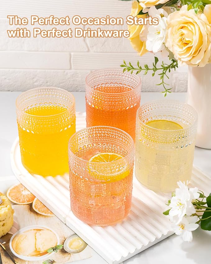 YOUBET 24PCS Plastic Hobnail Drinking Glasses - 14 Oz Clear Vintage Glasses Drinkware - Disposable Beaded Cups for Juice, Wine, Party