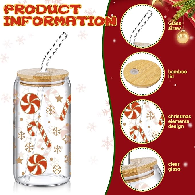 6 Pcs Christmas Glasses 16 oz Xmas Glass Cups with Lid and Straw Can Shaped Beer Tumbler Christmas Appreciation Gifts for Women Teenager Birthday Party Favor