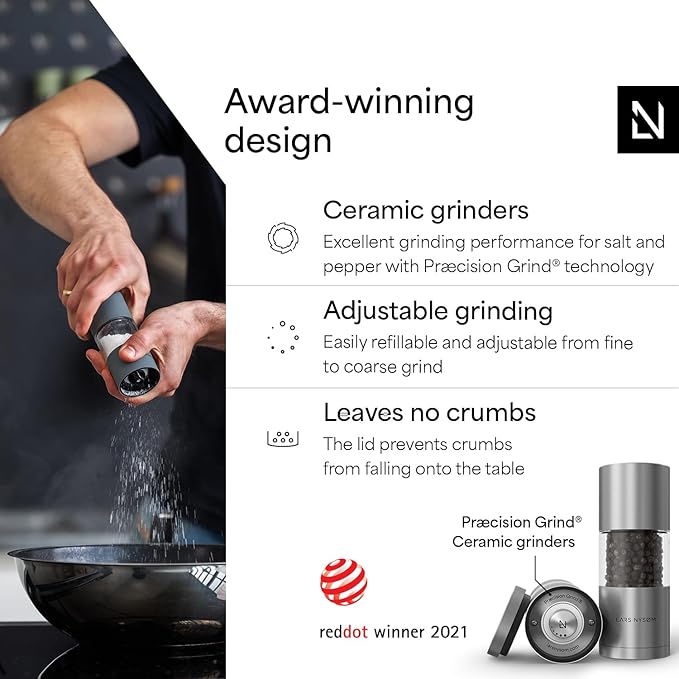 LARS NYSØM Salt and Pepper Grinder Set I Salt and Pepper Mills with Adjustable Ceramic Grinder 2 pieces I Manual Design Spice Mill Set (Stainless Steel)