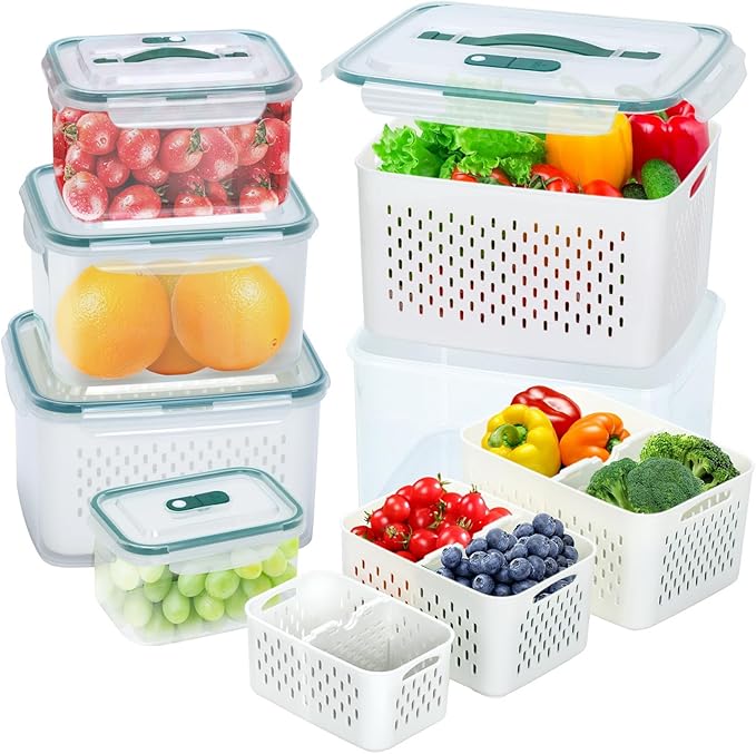 Upgraded Fresh Produce Vegetable Fruit Storage Containers，Large Fruit Containers for Fridge with Lid Vent Handle and Colander ，Keep Berry Fruit Vegetable Food Meat Fresh Longer (5)