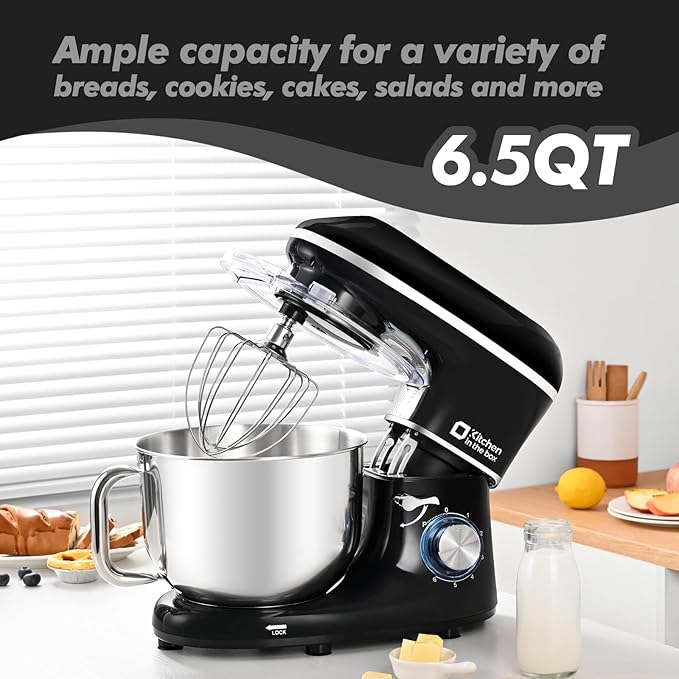 Kitchen in the box Stand Mixer, 6.5QT 660W Electric Kitchen Mixer, 6-Speed Tilt-Head Food Mixer with Dough Hook, Wire Whip, Beater, Dishwasher Safe (Black)