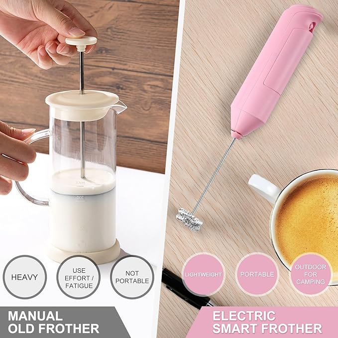 Double Whisk Milk Frother, Handheld Electric Blender stick, Drink Mixer with Food Grade Stainless Steel Stirrer, Battery Operated Foam Maker for Coffee, Cappuccino, Matcha,Hot Chocolate Latte, in Pink