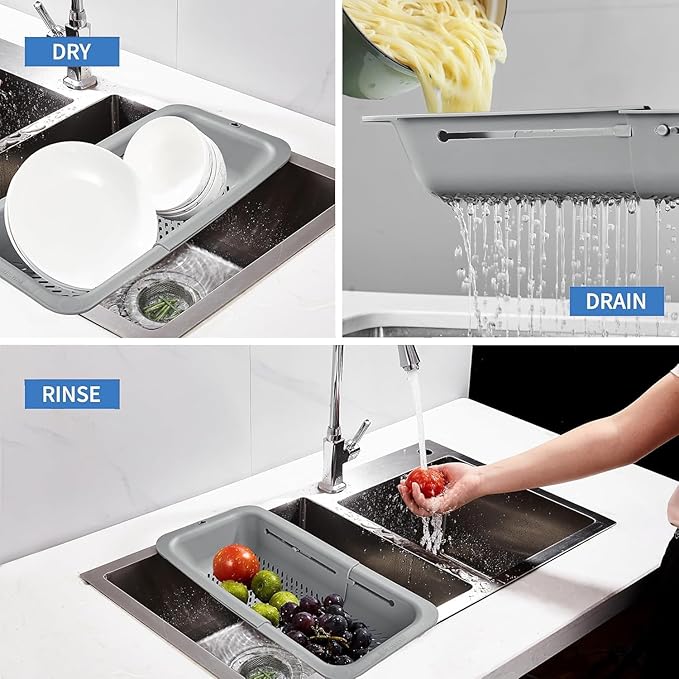 LASSHSWA Collapsible Colander and Strainer for Kitchen, Over the Sink Strainer Basket for Kitchen, Fruit Pasta Food Strainer Expandable Plastic Colander with A Sink Drain Strainer Stainless Steel
