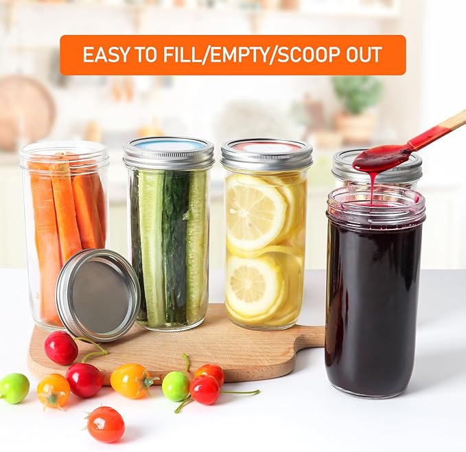 24 oz Wide Mouth Mason Jars 6pack, Glass Tall Mason Jars 24 oz with Airtight lids and Bands for Canning, Preserving, Fermenting, Pickling, DIY Projects (24 fl. oz, Set of 6)