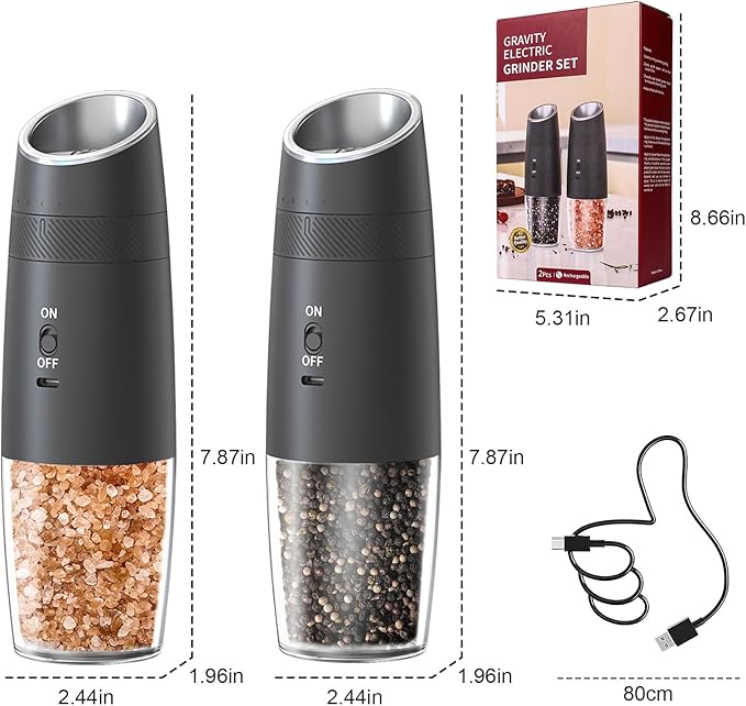 Electric Salt and Pepper Grinder Set – Rechargeable Gravity Automatic Pepper Mill Gift Set with LED Light & 6 Adjustable Coarseness