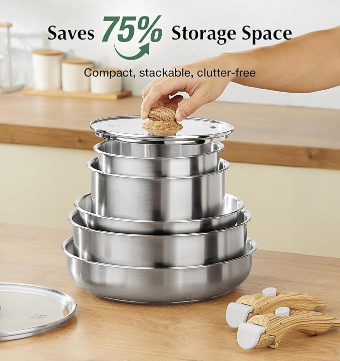 KOCH SYSTEME CS Stainless Steel Cookware Set, 18/10 Stainless Steel Pots and Pans Set 11PCS, Detachable Handle Pots and Pans for Easy Storage, Removable Handle Cooking Set, Induction Compatible