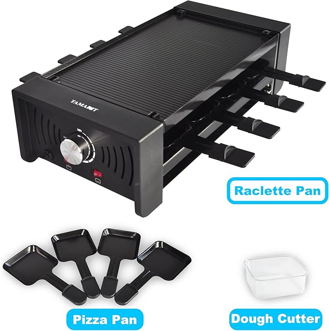 TAMARIT Raclette Party Grill Portable Indoor Electric Korean BBQ Grill 2 in 1 Raclette Table Grill with Nonstick Coating Grill Plate 4 Pizza Pans 8 Cheese Trays Upper & Lower Heater,PFAS-No