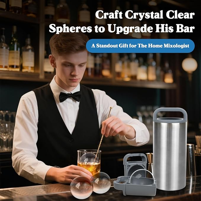 Clear Ice Ball Maker, 2.4" Round Ice cube Mold for Whiskey Stainless Steel & Non-BPA Silicone, Cocktails, Drinks & Bourbon Gifts for Men Woman