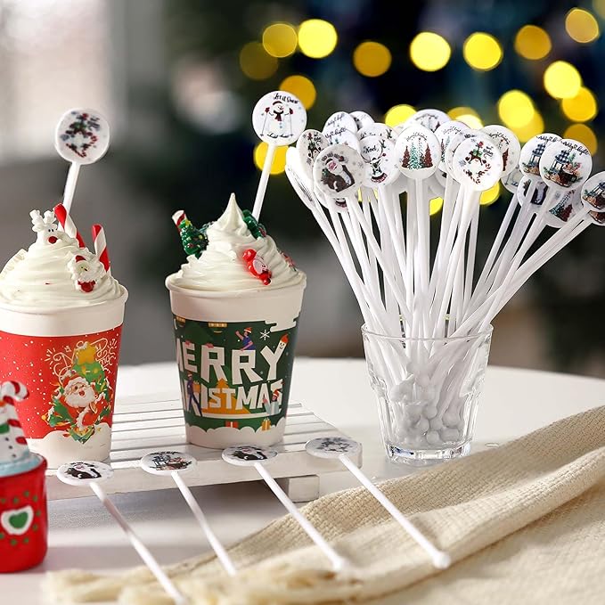 Meanplan 60pcs Christmas Swizzle Sticks Christmas Cocktail Stirrers Plastic Stir Sticks Xmas Santa Claus Snowman Decorations for Birthday Party Coffee Shop Supplies Favors Gifts(Snowman)