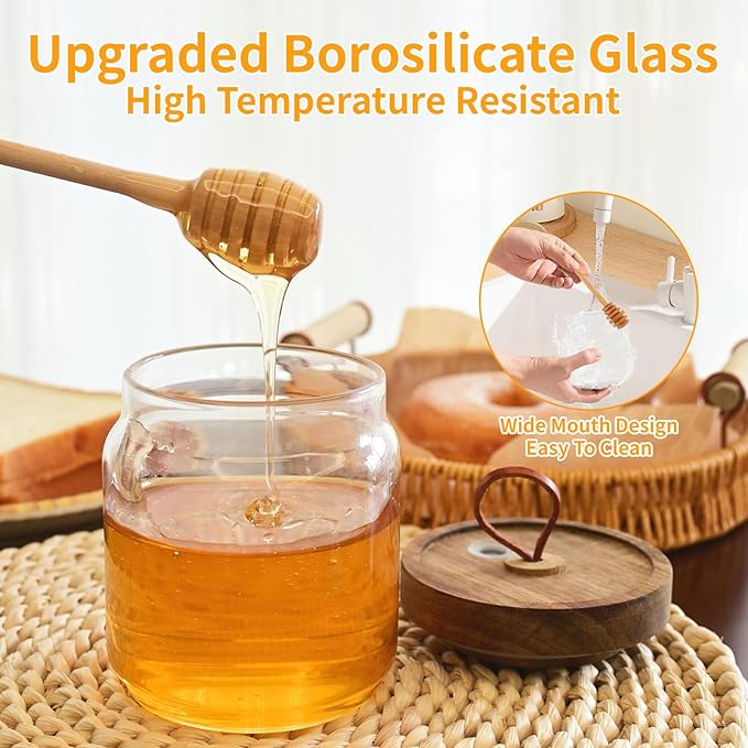 No Drip 18oz Glass Honey Jars with Wooden Dipper & Airtight Lid, Leakproof Kitchen Storage for Raw Honey Pot with Stick