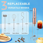 YUSWKO Rose Gold Handheld Milk Frother Wand with Stand for Coffee, Rechargeable Electric Whisk with 3 Heads 3 Speeds Drink Mixer Coffee Frother For Latte, Cappuccino, Hot Chocolate, Egg