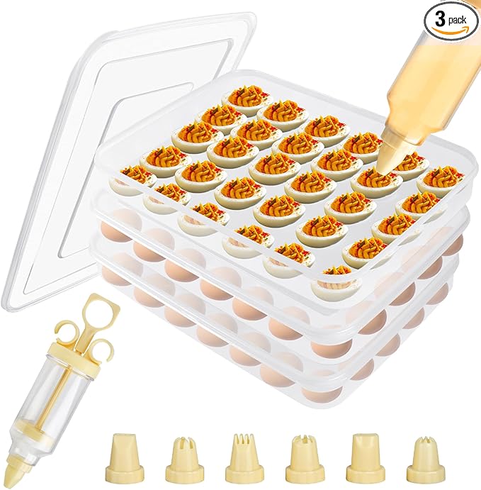 3 Pcs 90 Slots Deviled Egg Containers with Lids, Plastic Deviled Egg Platter, Stackable Egg Carrier, Reusable Deviled Egg Holders with Piping Tool Set for Thanksgiving Easter Party Picnic