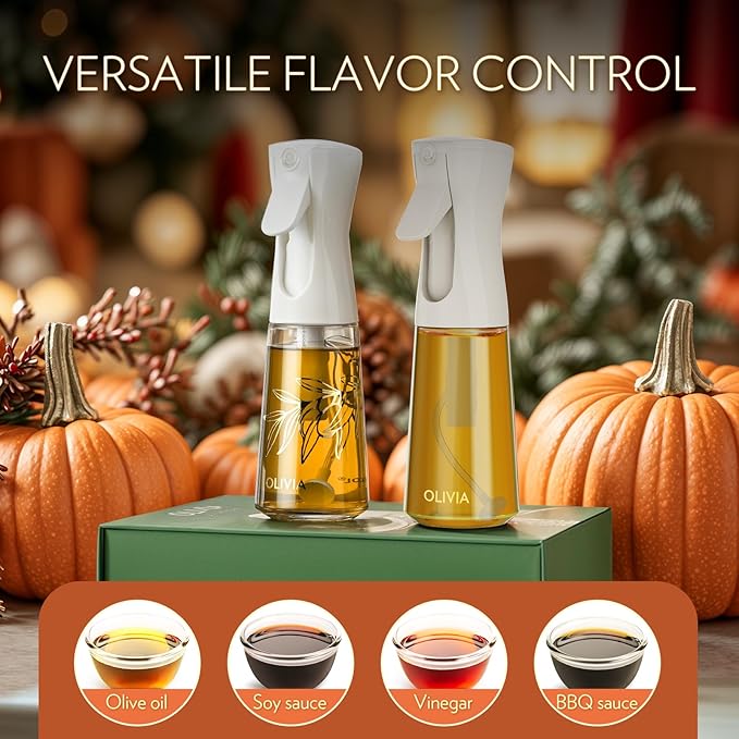 FLAIROSOL OLIVIA Oil Sprayer for Cooking, 2 Pack 200ML Glass Olive Oil Sprayer, Continuous Cooking Spray Dispenser with Portion Control for Kitchen Air Fryer, Salad, BBQ, White