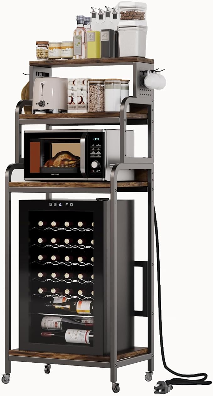 4-Tier Mini Fridge Stand with Storage,Mini Fridge Cabinet with Power Outlet,Pegboard,Bakers Rack with Storage Shelf,Microwave Oven Stand,Mini Fridge Shelf for Dorm(Vintage Brown)