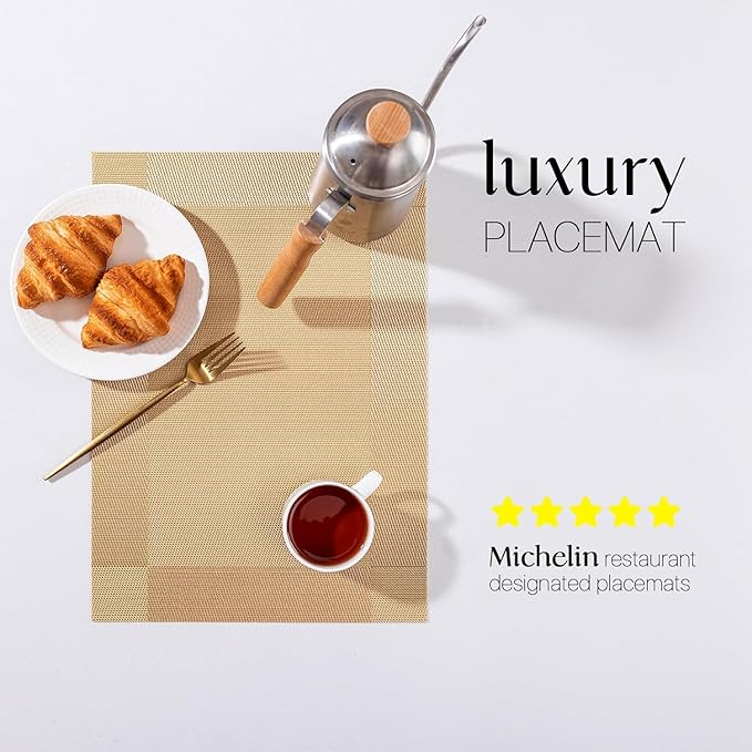 LEXMORE PlaceMats Set of 12 Vinyl/Plastic Woven Place Mats for Kitchen Table Indoor/Outdoor Washable PlaceMat Wipeable Dining Table Mats(Gold Cube)