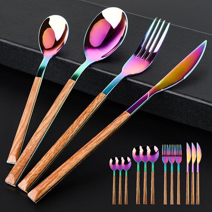 Stainless Steel Flatware Set for 4, Cutlery Utensils Set Include Knives/Forks/Spoons Service for 4, Mirror Polished and Dishwasher Safe (Rainbow)