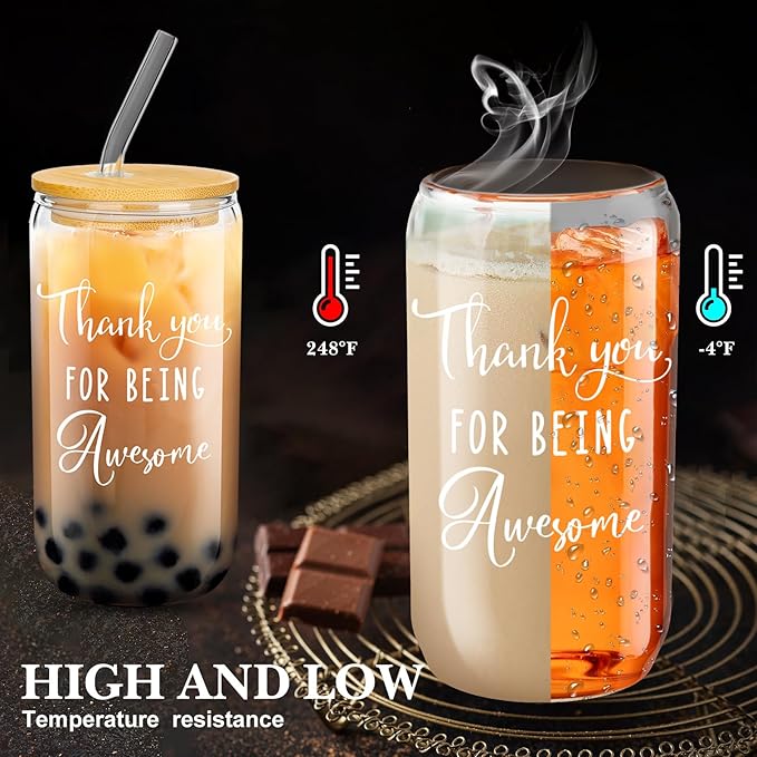 Layhit 24 Set Bulk Thank You Team Gifts Cups for Employees Staff Coworker Christmas Appreciation Gifts Thank You Glass Cups 16 oz Can Shaped Beer Glass with Lids Straws Brushes(Cute Style)