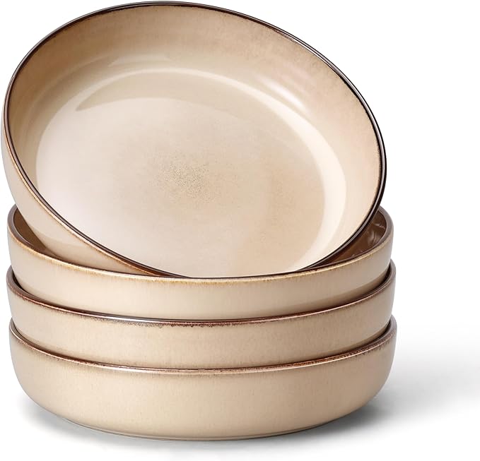 E-far Pasta Bowls Set of 4, 35oz Large Salad Bowls for Serving, Wide and Shallow Ceramic Plates for Kitchen, Double Reactive Glaze, Microwave and Dishwasher Safe, Sandy Beige