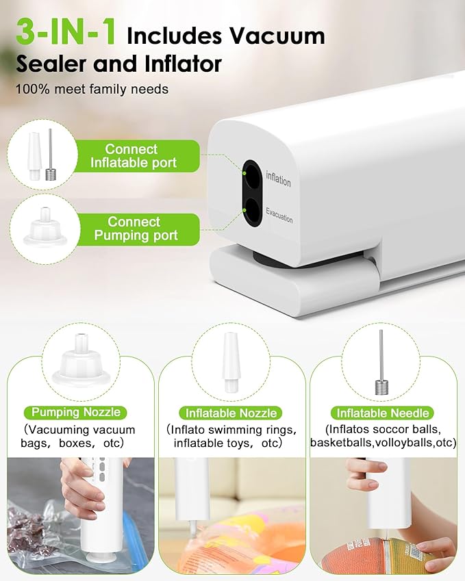 Small Magnetic Vacuum Sealer for Food, 62 Kpa Strong Suction, 3-in-1 Cordless Rechargeable Food Sealer with 1 Vacuum Bag & 4 Snack Bags, Heat Sealer, Inflation Pump for Balls/Swim Ring - White