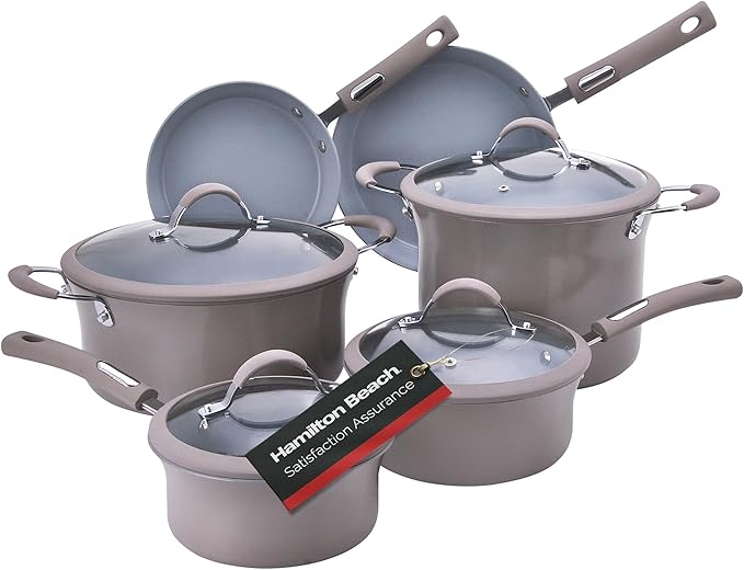Hamilton Beach Cookware Set, 10-Pieces, Pots, Pans, and Glass Lids, Nonstick PFOA-Free, PTFE-Free Ceramic Interior, Heavy-Duty Aluminum Construction, Modern Matte Gray, Professional Tapered Shape