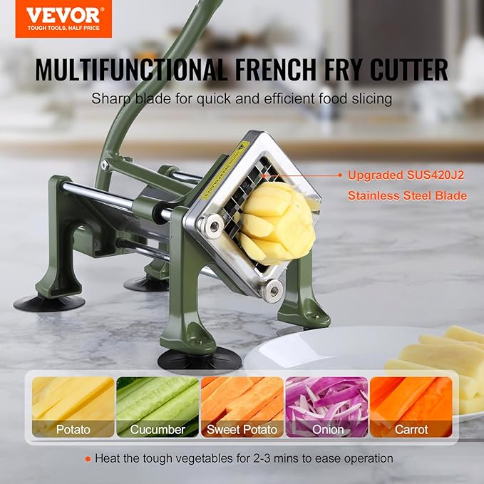 VEVOR French Fry Cutter, Potato Slicer with 1/2-Inch Stainless Steel Blade, Manual Potato Cutter Chopper with Suction Cups, Great for Potato, French Fries, Cucumber, Vegetables, Carrot