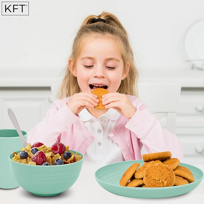 Wheat Straw Dinnerware Sets for 4 - KFT Lightweight & Unbreakable Dishes Microwave & Dishwasher Safe Perfect for Camping, Picnic, RV, Dorm Plates, Cups and Bowls (Green, 24pc)