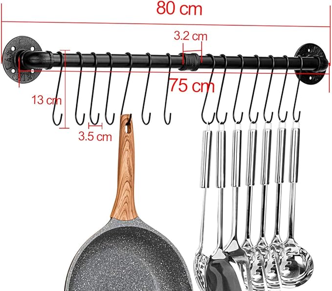 Toplife 31.5 inch Pot Rack, Kitchen Wall Mounted Detachable Pan Lid Utensils Organizer Hanging Rail with 14 Hooks, Black