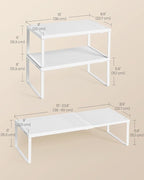 SONGMICS Spice Racks, Set of 2 Expandable Kitchen Countertop Shelves, Small Cupboard Organizers, Metal, Space-Saving Tabletop Shelves, Matte White UKCS402W01