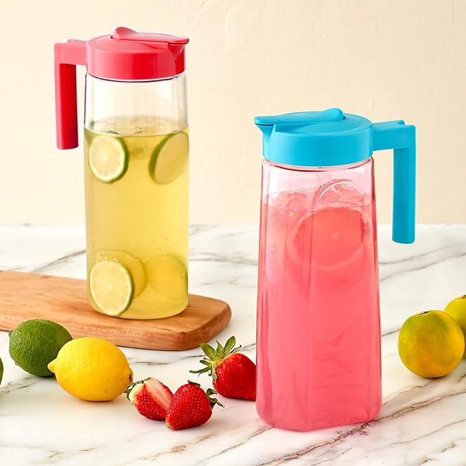 Amazing Abby - Slim - 2-Pack Tritan Pitcher (64 oz), Unbreakable Plastic Water Pitcher with Lid, BPA-Free, Heat-Resistant, Dishwasher-Safe, Great for Both Iced and Hot Drinks, Blue