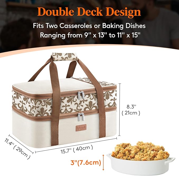 Lifewit Double Decker Casserole Carrier for Hot or Cold Food, Insulated Casserole Baking Dish Bag Food Carrier, Lasagna Holder for Potluck/Parties/Picnic/Cookouts, Fits 9"x13" Baking Dish, Cream