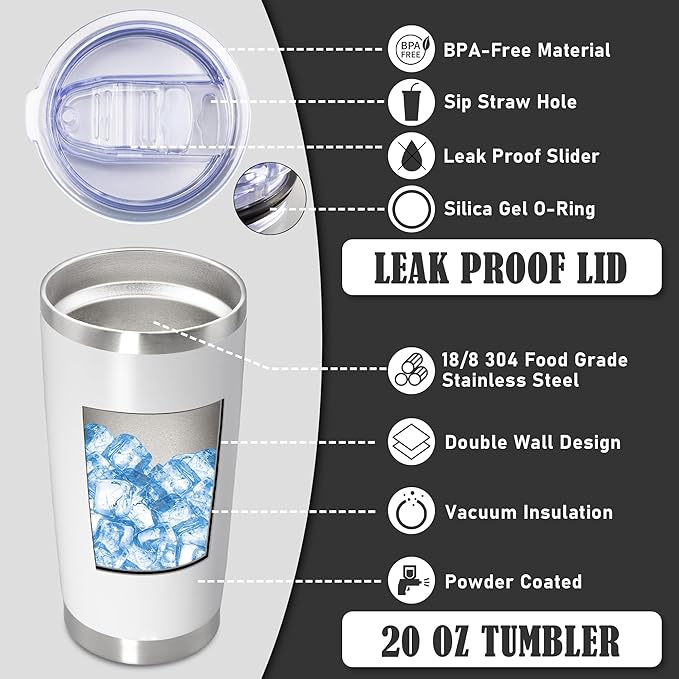 20 oz Tumbler Coffee Tavel Tumblers Bulk with Lid Stainless Steel Double Wall Vacuum Insulated Mug Powder Coated Cups fit Car Cupholder for Hot and Cold - White, 4Pack