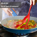 2 Pack Large Silicone Cooking Spoon, Non-Stick Slotted and Solid Spoon set with Deep Bolw and Measurement Mark for Mixing, Serving, Draining, Scooping, Scraping, Heat Resistant Kitchen Utensils, Red