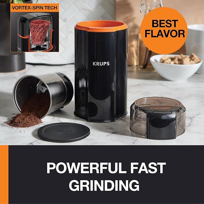 KRUPS Silent Vortex Electric Coffee Grinder: 3 oz Capacity, 5x Quieter, 175W Motor for Coffee Beans, Spices & Herbs - Removable Dishwasher-Safe Bowl, 12-Cup Yield, Black