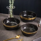 Stone Lain Florian Porcelain 3-Piece Round Bowl Service Set, Black with Gold Rim