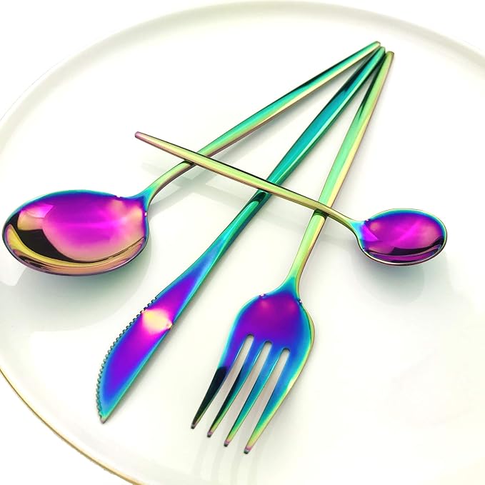 24Pcs Rainbow Mirror Silverware Flatware, 18/0 Stainless Steel Cutlery Set Utensils Kitchen Dinnerware Include Knife Fork Spoon and Teaspoon, Service for 4
