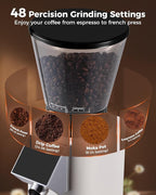 Tuni G1 Conical Burr Coffee Grinder, 48 Grind Settings Anti-static Burr Mill, Precision Electronic Timer and LED Touchscreen for Espresso/Drip/Cold Brew/French Press, Stainless Steel, Ivory