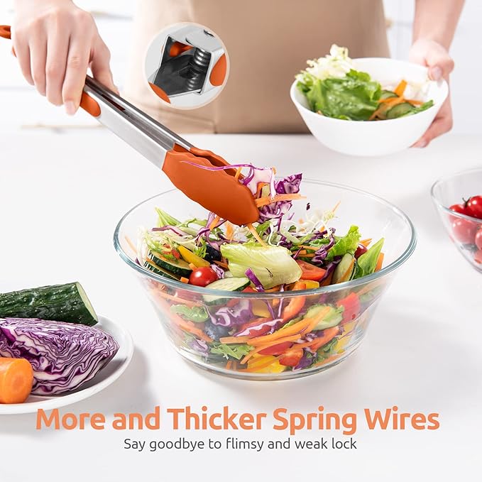 600ºF Heat Resistant Kitchen Tongs: U-Taste 9+12 inch Silicone Cooking Tong Set with Firm Sealed Non Stick Rubber Tips and Silicon Coated 18/8 Stainless Steel Handle for Serving Grilling Salad(Orange)