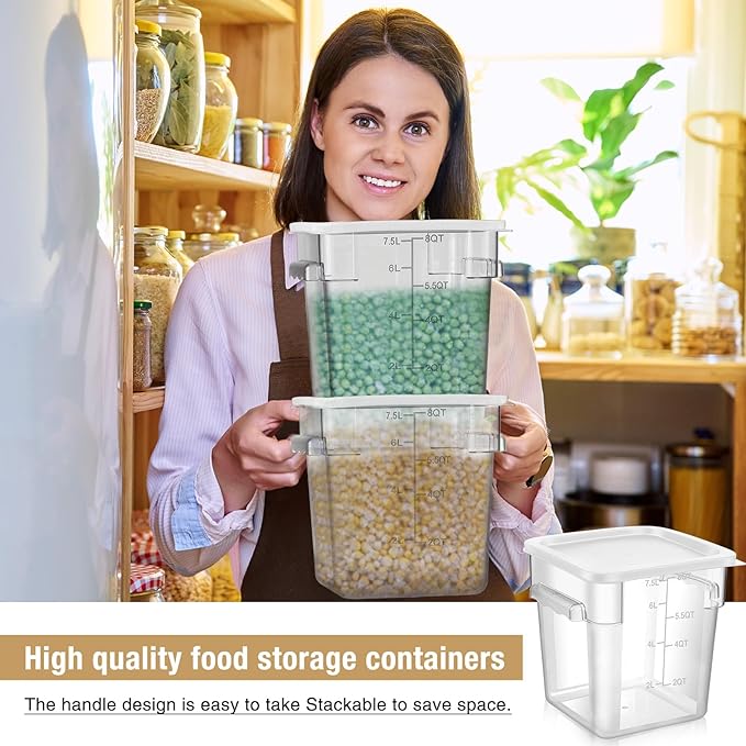 2 Pieces Square Food Storage Containers Polycarbonate Clear food Container with Lid Commercial Storage with Graduations for Commercial Kitchen Dough Marinating Meat(White,8 Qt)