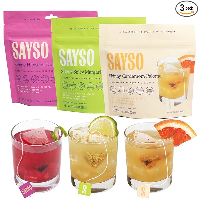 SAYSO Skinny Spicy Margarita, Skinny Hibiscus Cosmo & Skinny Cardamom Paloma Cocktail Tea Bags - - Instant Cocktail or Mocktail Mixers - No Hot Water - Home Bar - Organic Ingredients, 3-Pack
